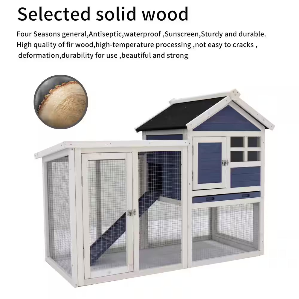 Blue Wooden Chicken Coop Hen House Rabbit Wood Hutch Poultry Cage Habitat