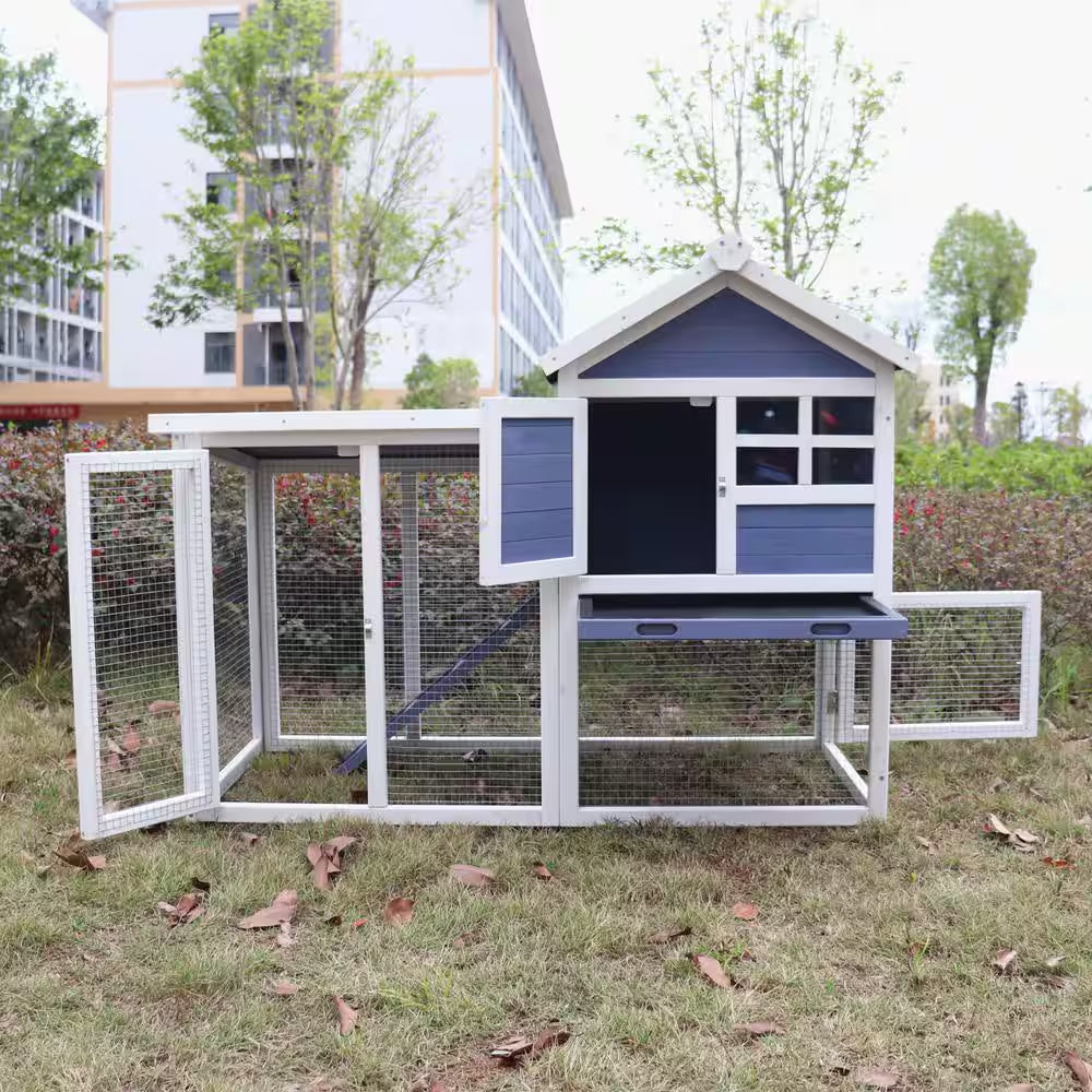 Blue Wooden Chicken Coop Hen House Rabbit Wood Hutch Poultry Cage Habitat