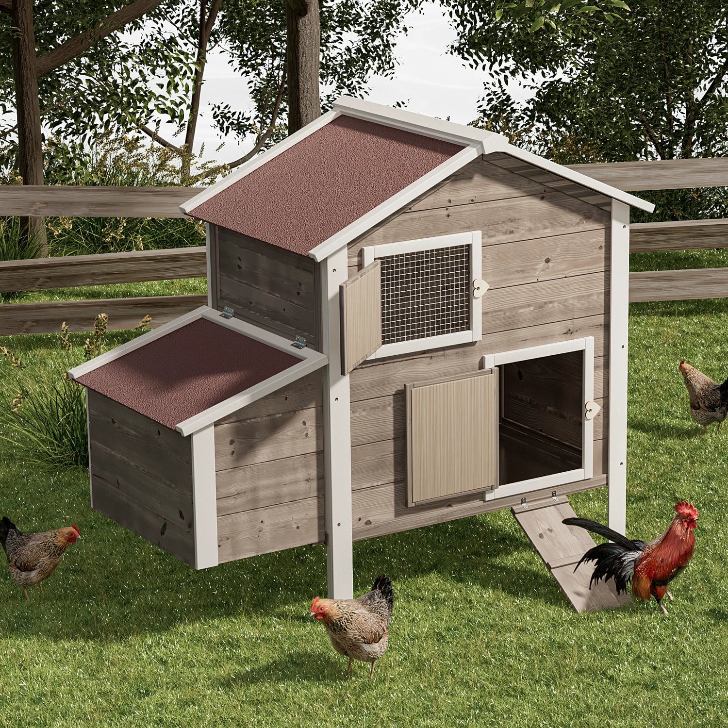 Outdoor Chicken Coop with Nesting Box, Outdoor Hen House with Slide-Out Tray, Weatherproof Poultry Cage, Rabbit Hutch, Wood Duck House (Natural)