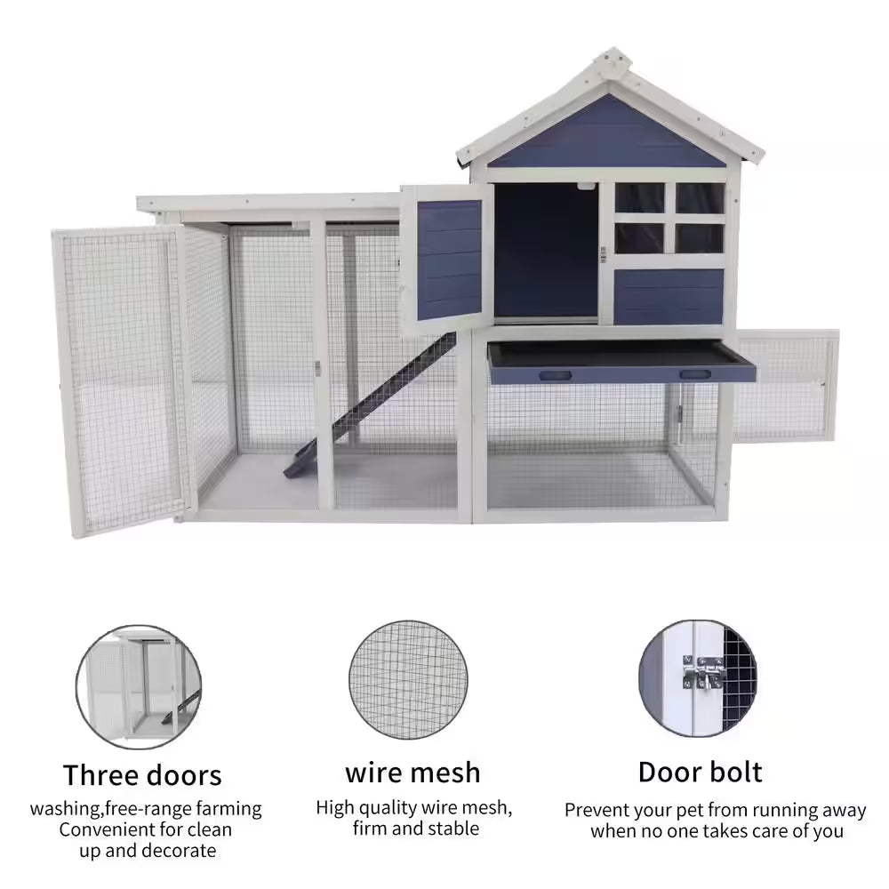 Blue Wooden Chicken Coop Hen House Rabbit Wood Hutch Poultry Cage Habitat