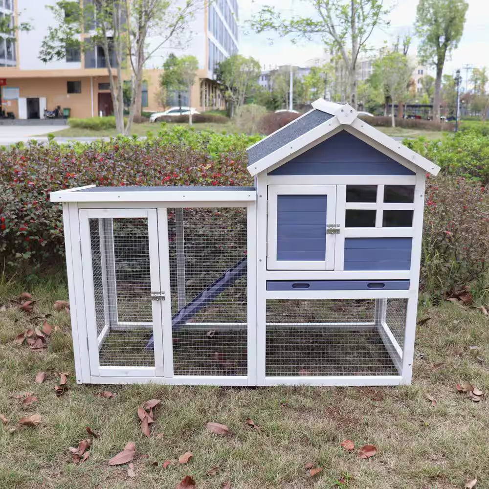 Blue Wooden Chicken Coop Hen House Rabbit Wood Hutch Poultry Cage Habitat