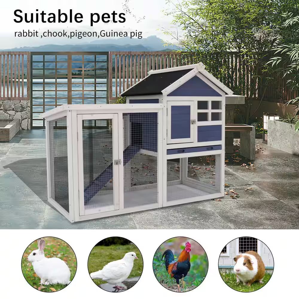 Blue Wooden Chicken Coop Hen House Rabbit Wood Hutch Poultry Cage Habitat