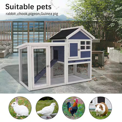Blue Wooden Chicken Coop Hen House Rabbit Wood Hutch Poultry Cage Habitat
