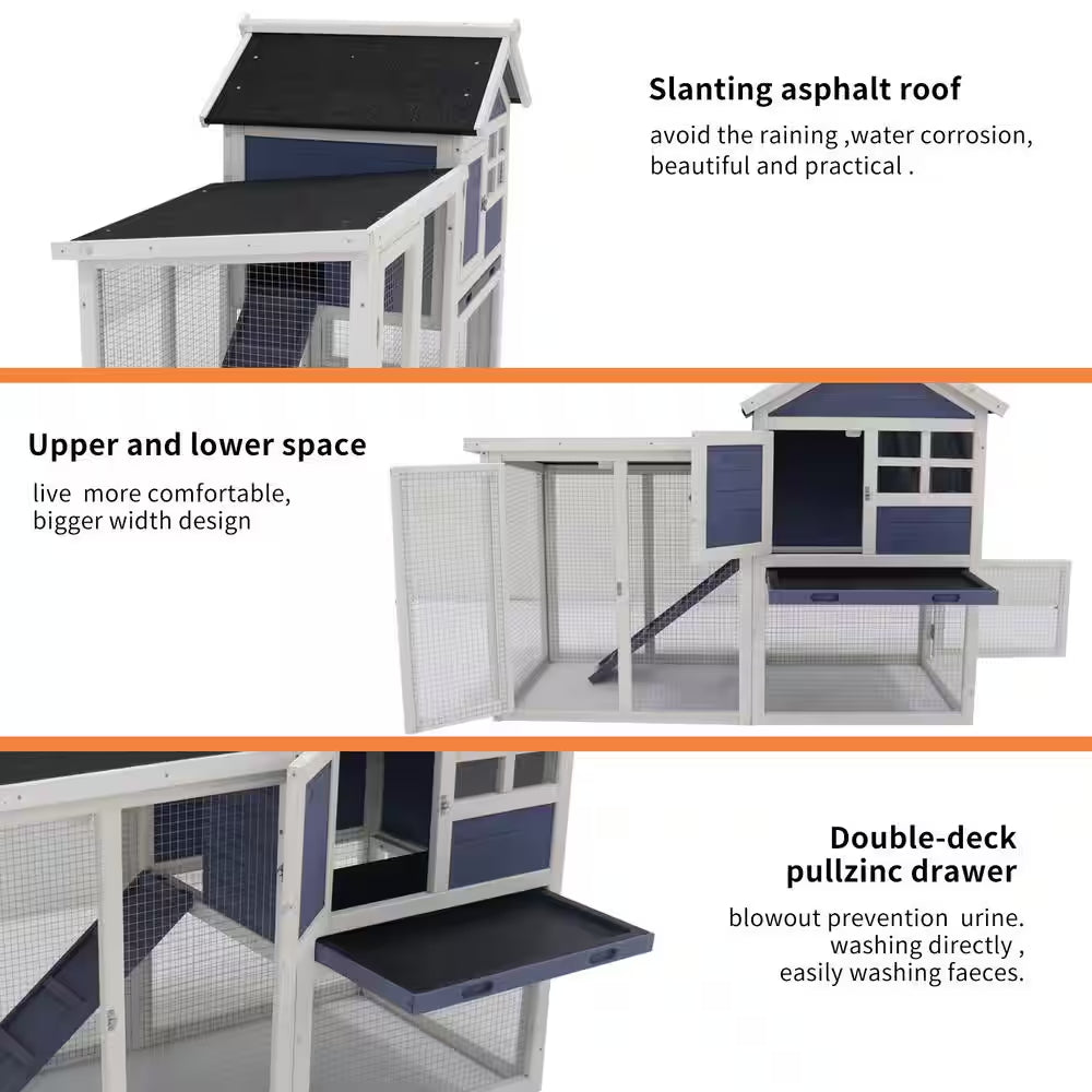 Blue Wooden Chicken Coop Hen House Rabbit Wood Hutch Poultry Cage Habitat