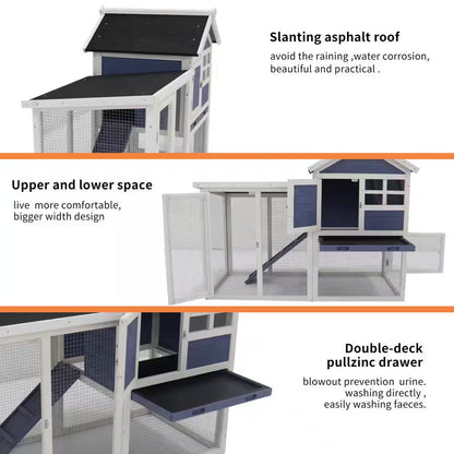 Blue Wooden Chicken Coop Hen House Rabbit Wood Hutch Poultry Cage Habitat