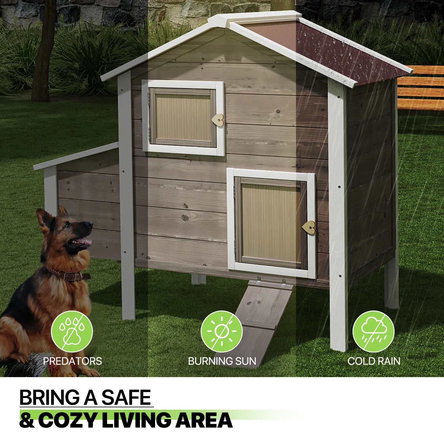Outdoor Chicken Coop with Nesting Box, Outdoor Hen House with Slide-Out Tray, Weatherproof Poultry Cage, Rabbit Hutch, Wood Duck House (Natural)