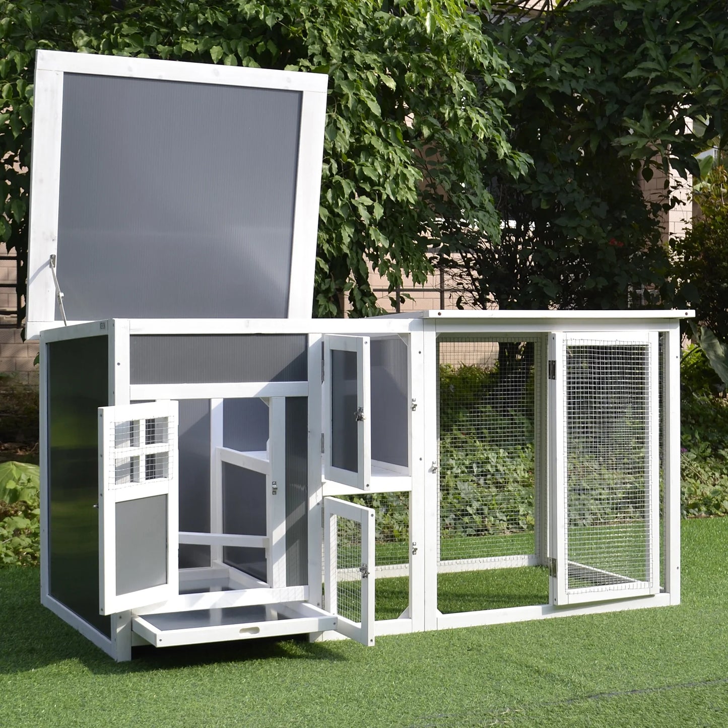 63" Outdoor Chicken Coop Wooden, Chicken Cage with Run Area, Nesting Box, Hen House with Waterproof Roof, Removable Tray