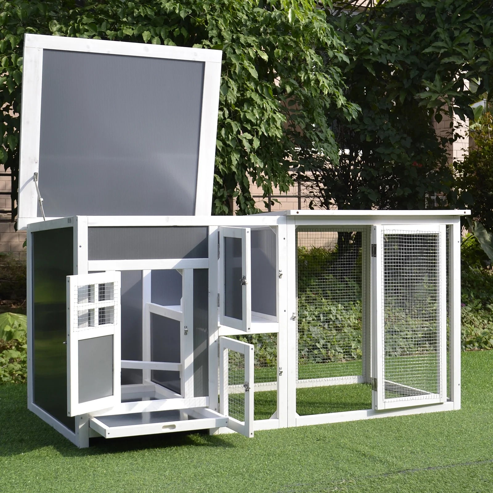 63" Outdoor Chicken Coop Wooden, Chicken Cage with Run Area, Nesting Box, Hen House with Waterproof Roof, Removable Tray