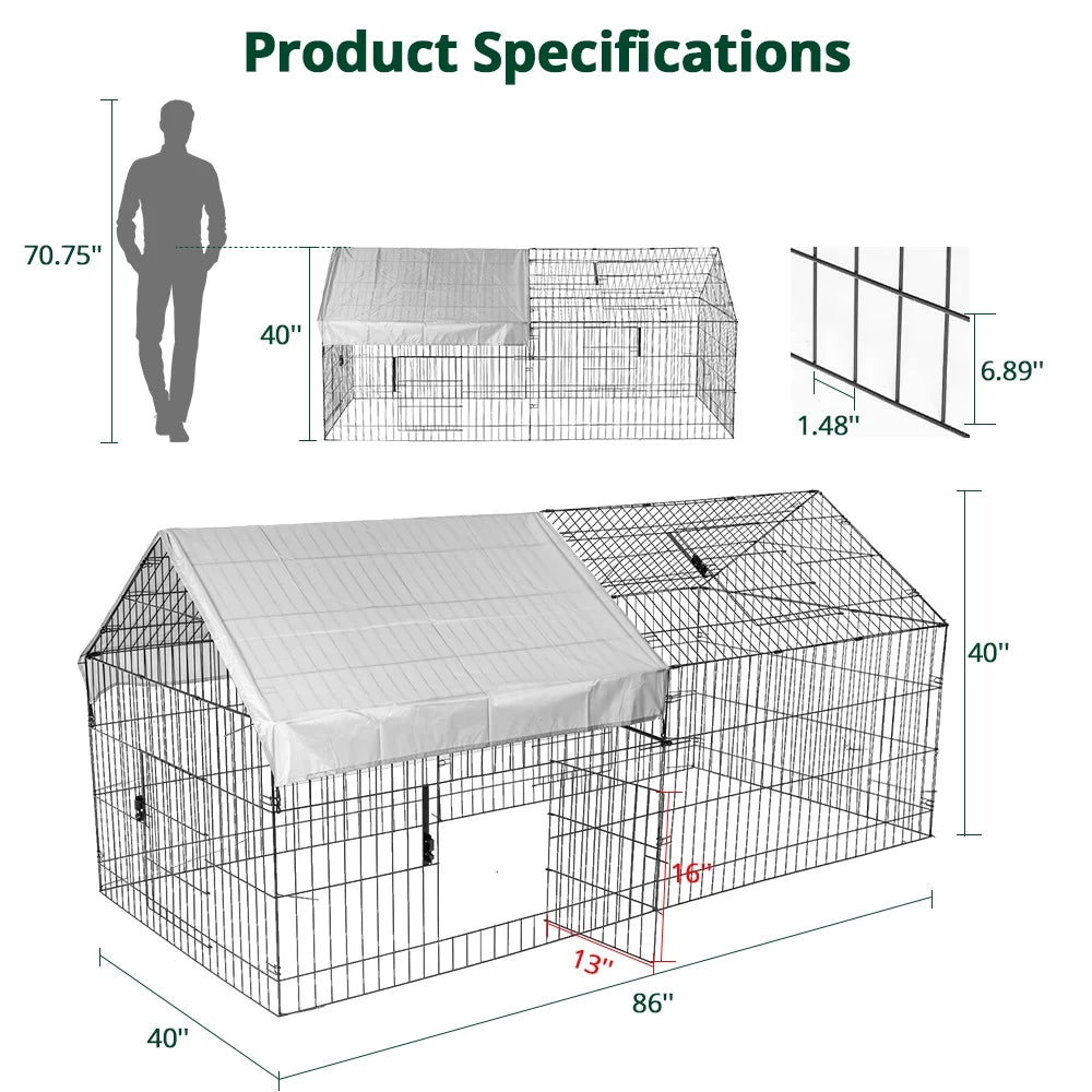 86''X40''Chicken Coop Large Metal Chicken Cage House Waterproof