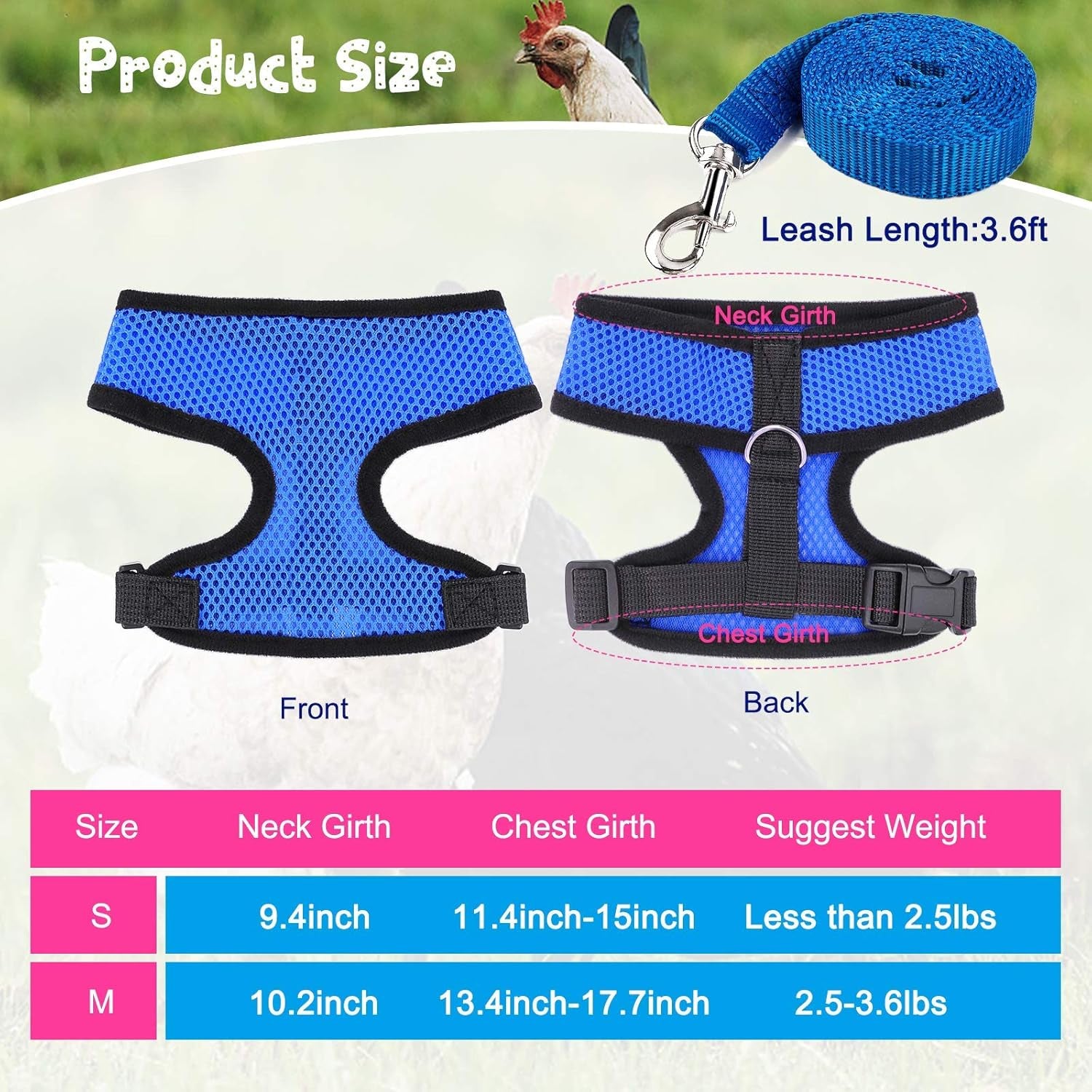 Adjustable Chicken Harness with Leash Elastic Comfortable Breathable Pet Harness for Duck Goose Hen Traning Walking,Medium