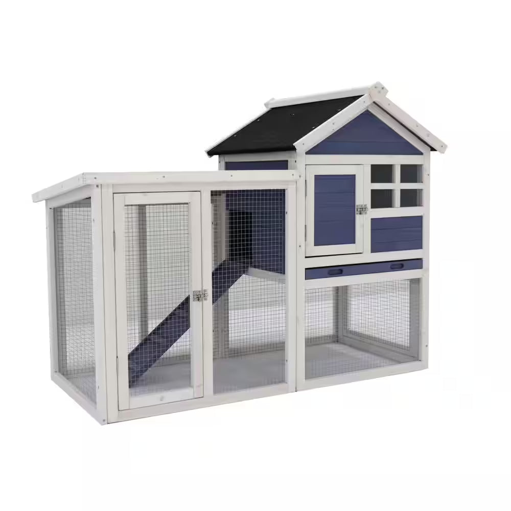 Blue Wooden Chicken Coop Hen House Rabbit Wood Hutch Poultry Cage Habitat