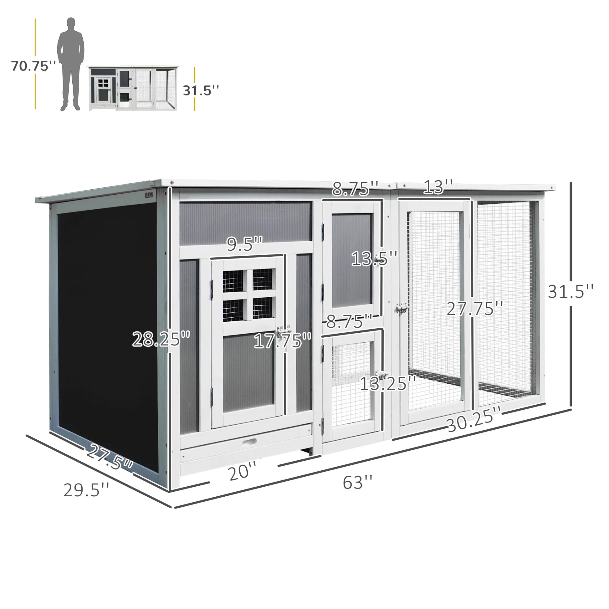 63" Outdoor Chicken Coop Wooden, Chicken Cage with Run Area, Nesting Box, Hen House with Waterproof Roof, Removable Tray